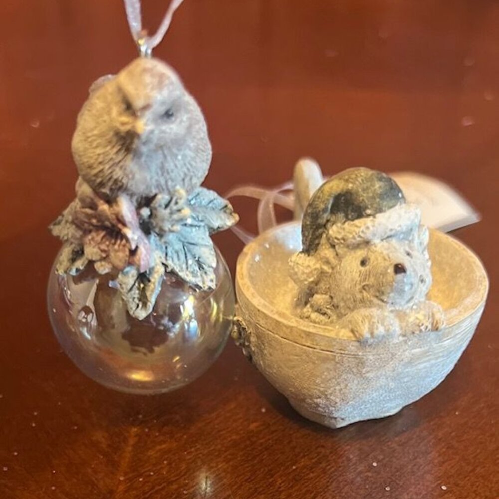 Bird & Hedgehog Resin Christmas Ornaments With Ribbon‎ Hangers